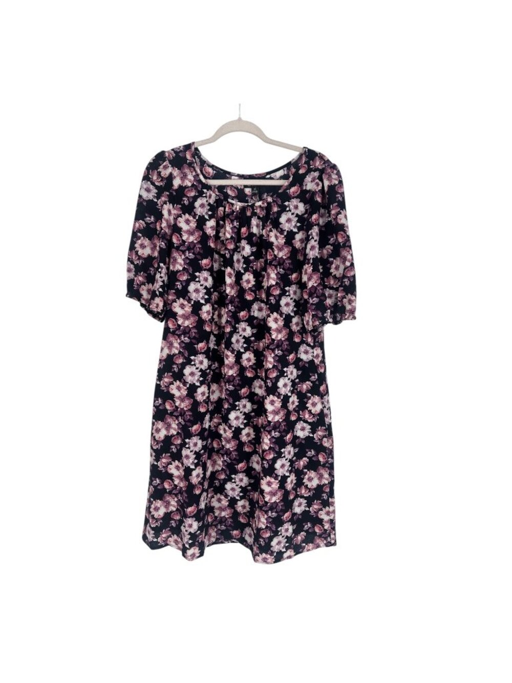 Connected Apparel Sheath Dress 12 Navy Floral Puff Sleeve Boho Office Casual